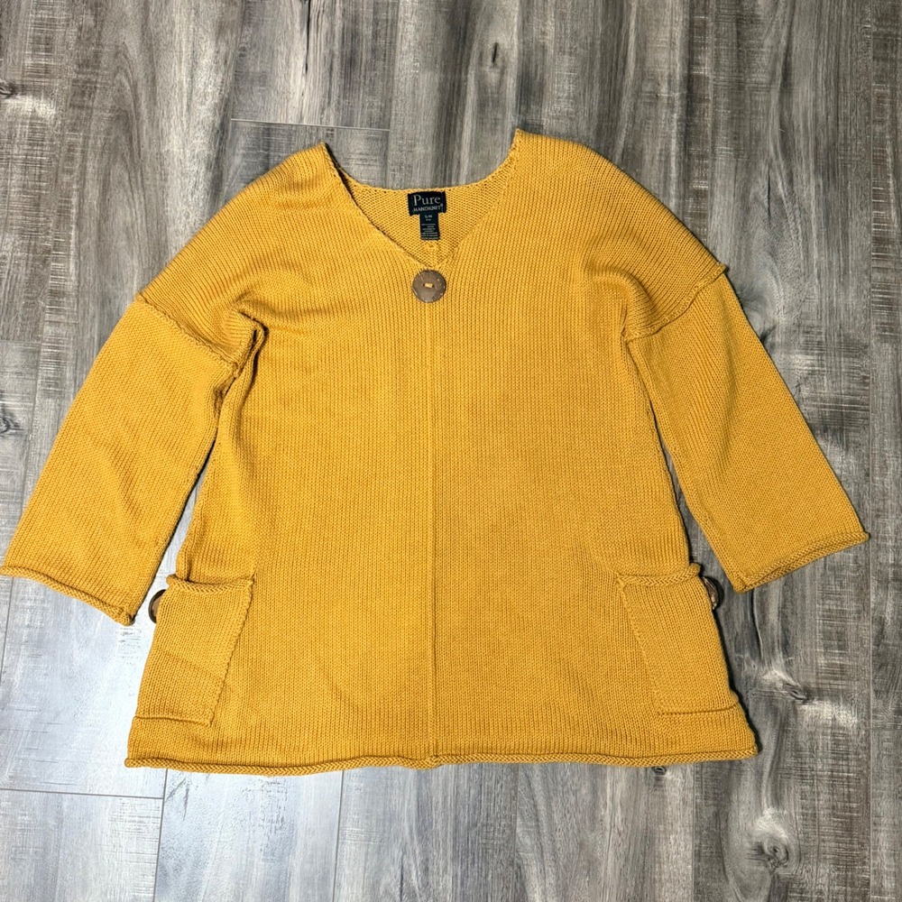Pure Handknit Mustard Yellow Cotton Sweater Tunic V-Neck Button Pockets Sz S/M